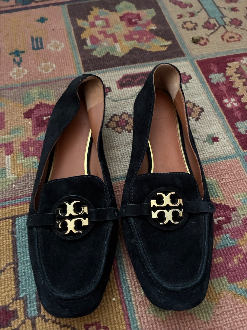 Tory Burch Black Suede Loafers with Gold Logo Medallion